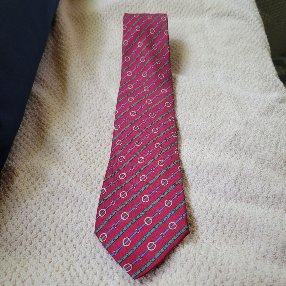 Hermes Red and Blue Silk Tie with Geometric Pattern